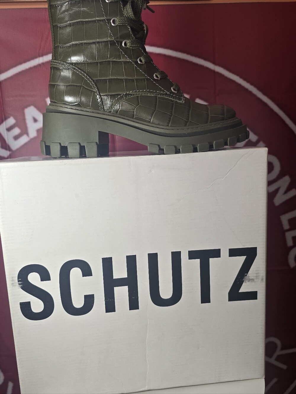 Schutz Men’s Olive Croc-Embossed Combat Boots